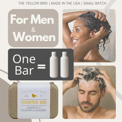 The Yellow Bird solid bar shampoo argan oil droplets illustrate hydrating care.