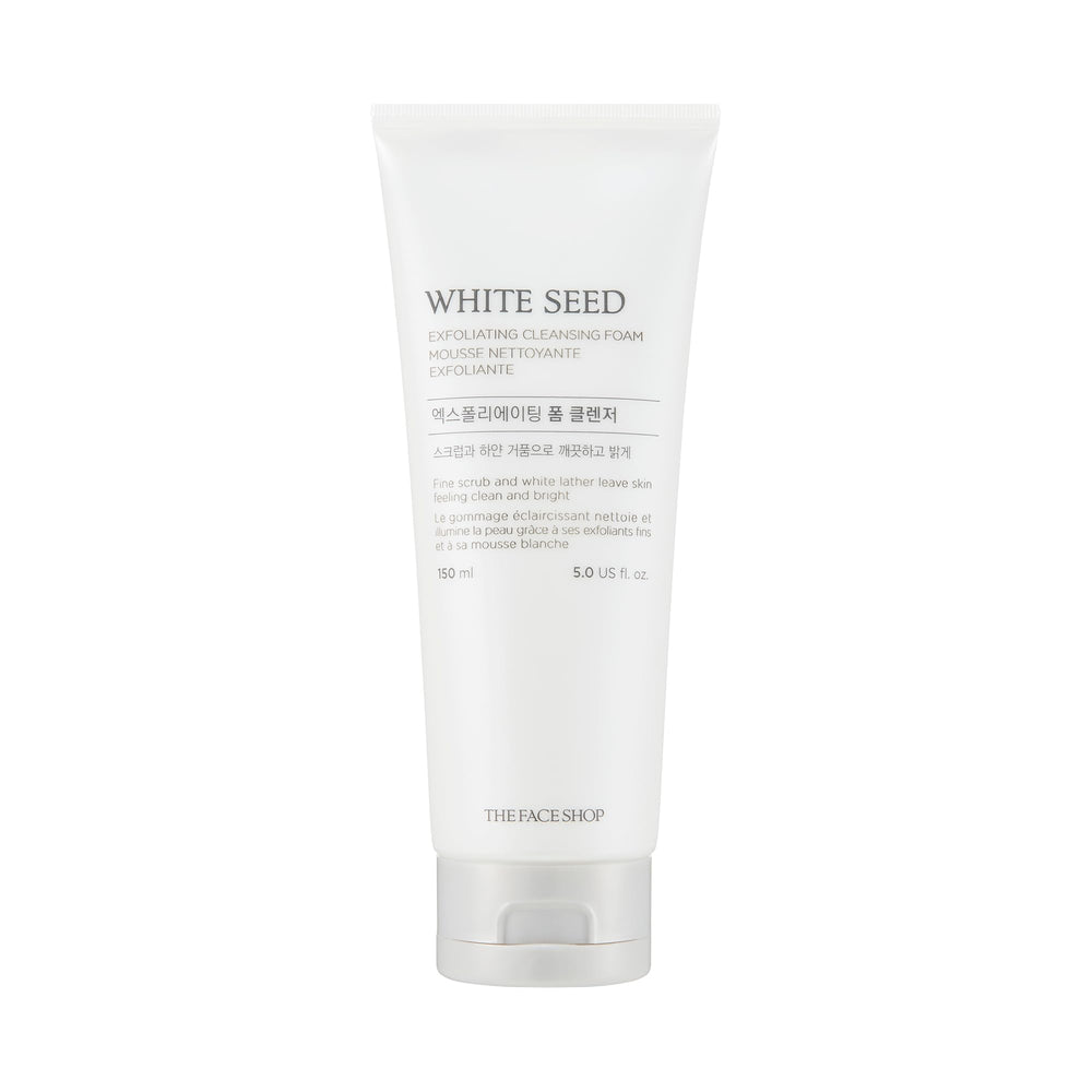 The Face Shop White Seed Exfoliating Cleansing Foam bottle close-up for a clean look