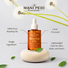 The Mani Pedi Essentials Rosehip Oil on clean skin for a dewy look.