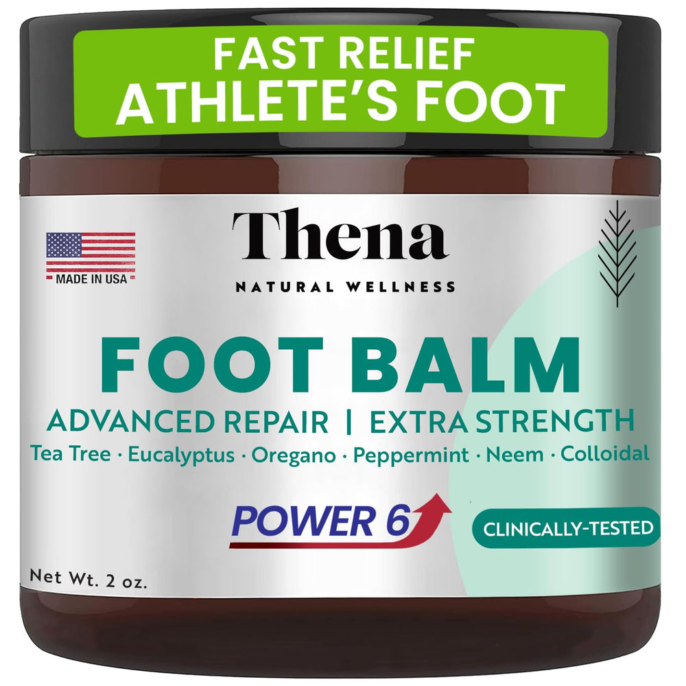 Thena Athletes Foot Cream bottle close-up offering herbal relief for itchy feet.
