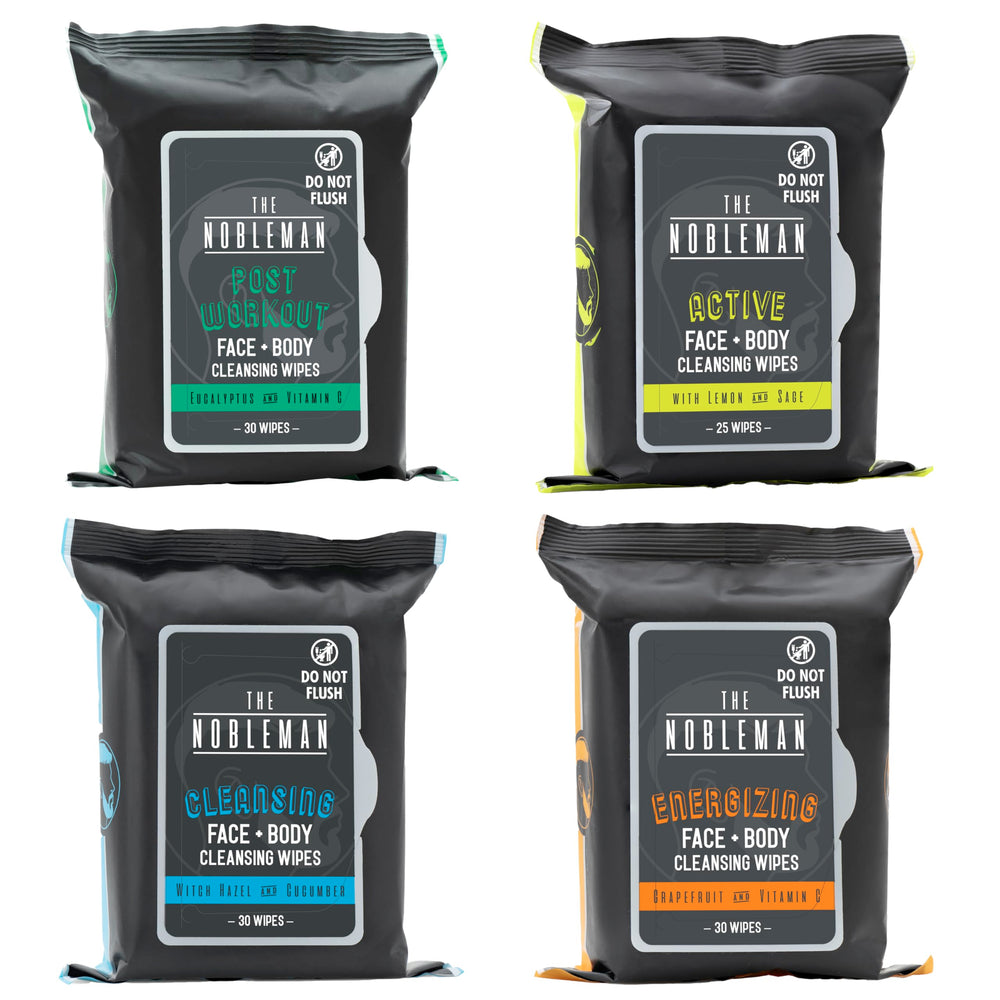 The Nobleman aloe infused cleansing wipes pack shot for quick post workout refresh