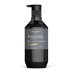Theorie Charcoal and Bamboo Shampoo bottle pump shows sulfate-free formula for color-treated hair.