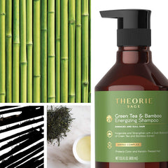 The Theorie packaging emphasizes natural ingredients for damaged hair care.