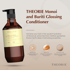 Theorie Monoi Buriti Glossing Conditioner on hair adds a glossy finish.