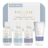Theorie Pure shampoo bottle close-up showing fragrance-free formula for gentle scalp care.