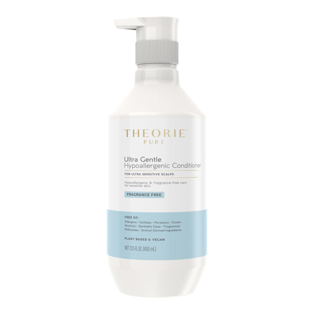 The Theorie Pure Ultra Gentle Conditioner bottle shown for fragrance-free daily conditioning.