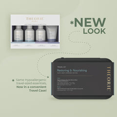 Theorie Restoring and Nourishing Travel Kit texture close-up reveals fragrance-free clean formula