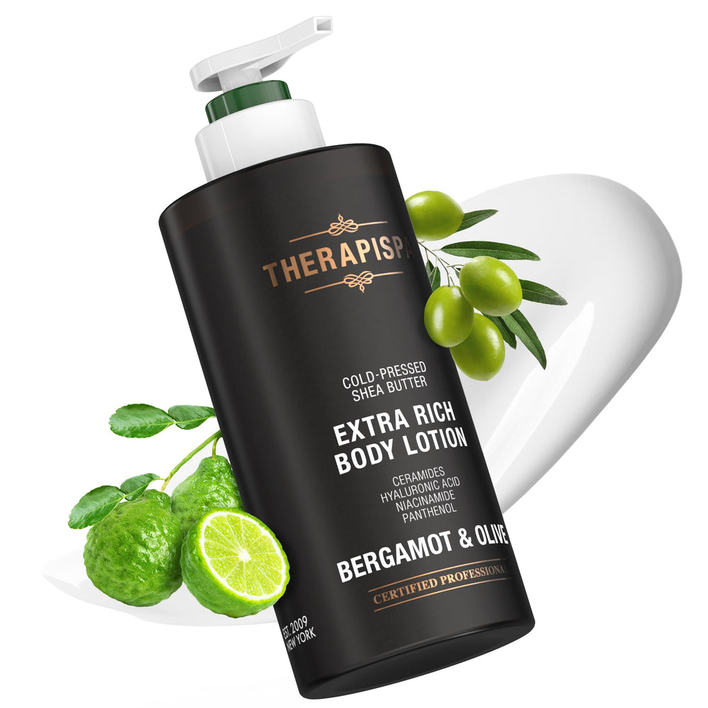 THERAPISPA bergamot-olive scented body lotion bottle promotes refreshing hydration.