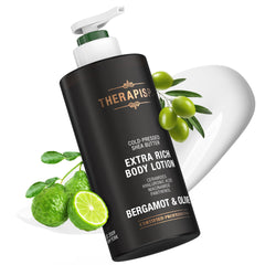 THERAPISPA bergamot-olive scented body lotion bottle promotes refreshing hydration.