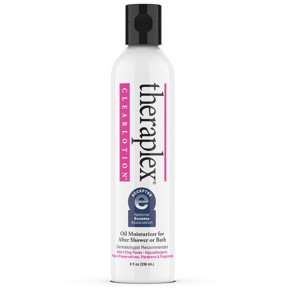 Theraplex Clear Emollient Lotion bottle close-up, fragrance-free and dermatologist-recommended.