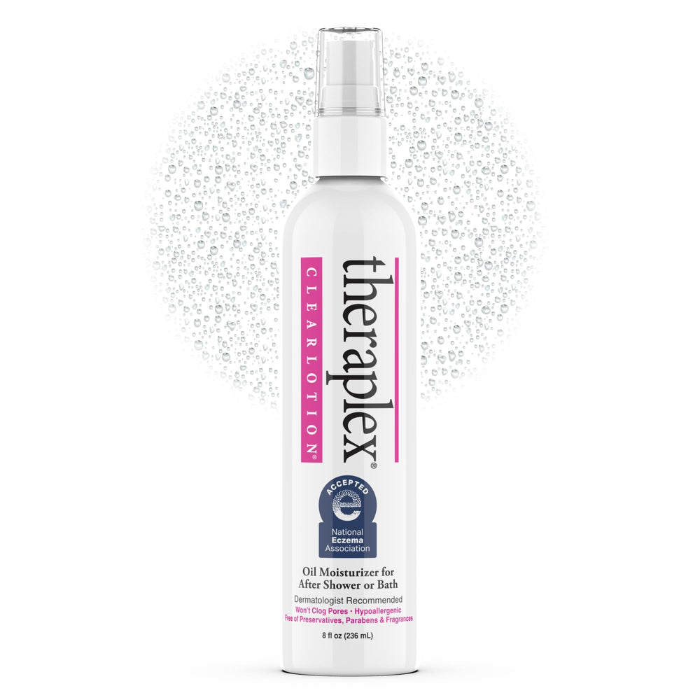 Theraplex Clear Lotion Spray bottle applying after shower for hydration
