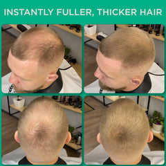 THICK FIBER close-up shows natural keratin fibers blending with real hair.