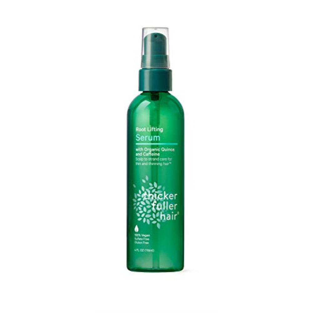 Thicker Fuller Hair root lifting serum green bottle close-up for root lift