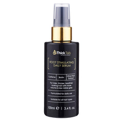 ThickTails hair growth serum bottle close-up supporting daily scalp care for fuller roots.
