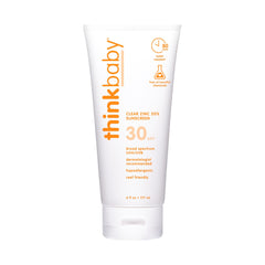 Thinkbaby SPF 30 mineral sunscreen bottle with pump for quick, mess-free application.