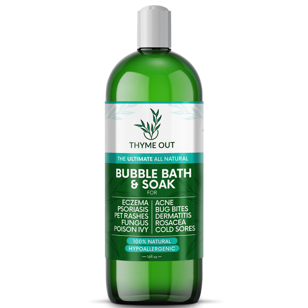 Thyme Out bubble bath bottle pours under running water for a calming spa moment.
