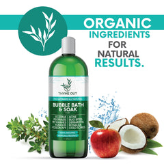 Thyme Out bubble bath natural ingredients label emphasizes plant-based, hypoallergenic formula.