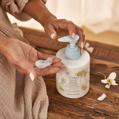 Thymes Bergamot Nectar Lotion ingredients panel informs on plant-based hydration.