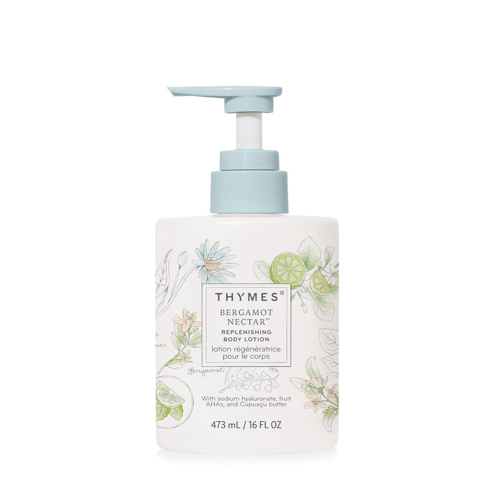 Thymes Bergamot Nectar Lotion pump demonstrates easy, daily hydration.
