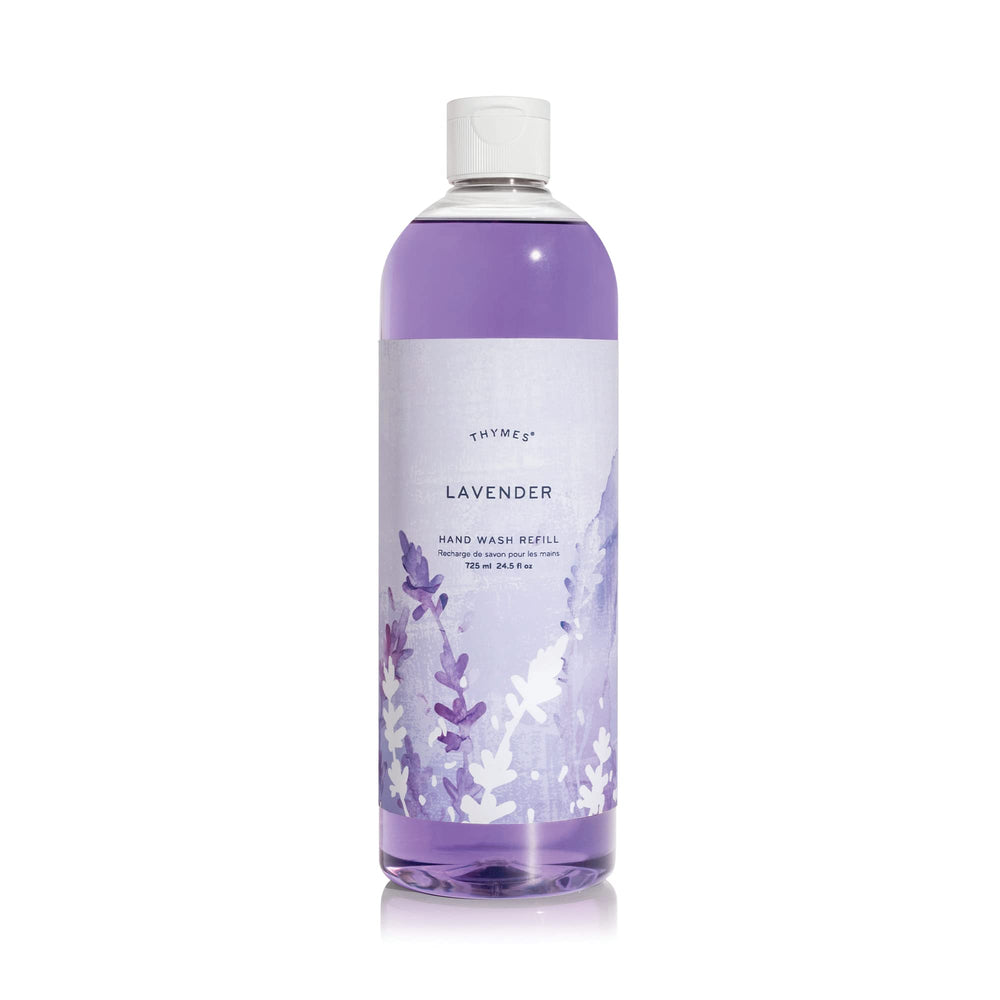 Thymes Hand Wash Refill Lavender bottle pour for easy replenishment and soothing scent.