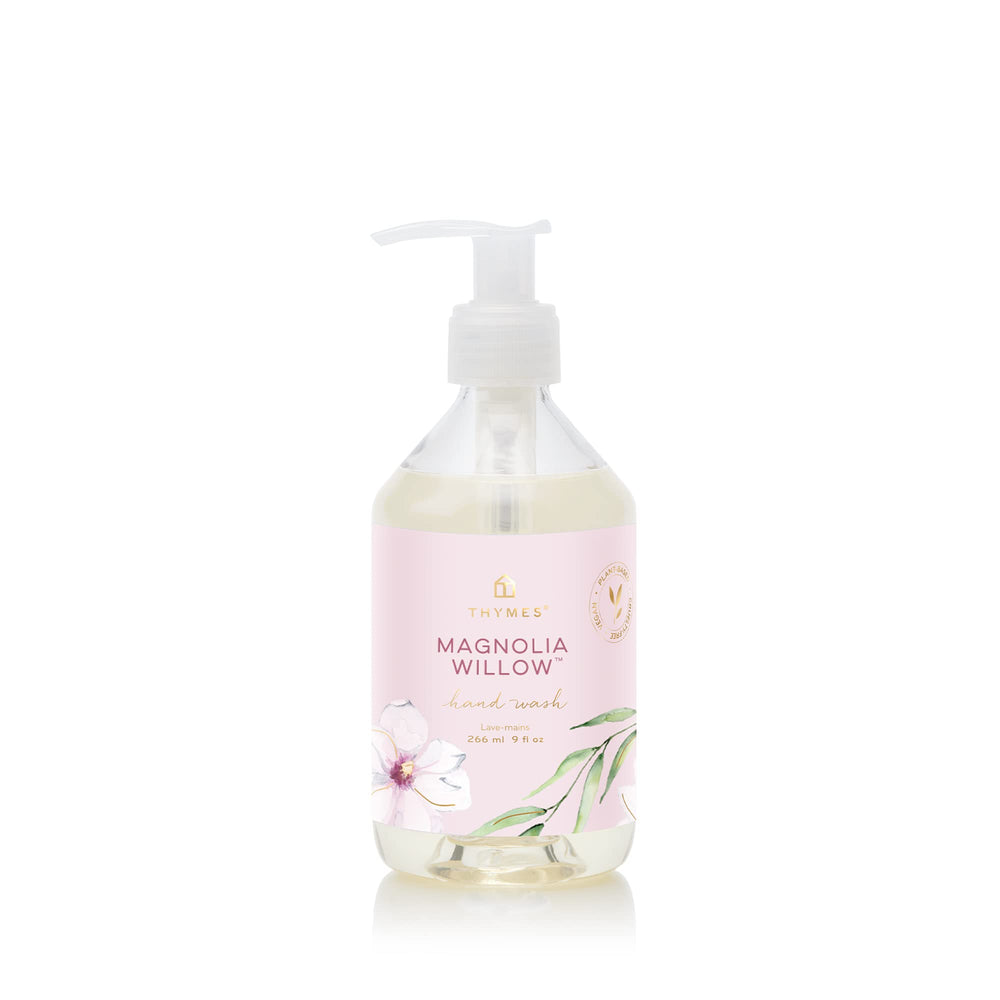 Thymes Magnolia Willow Hand Wash bottle with pump provides a hydrating cleanse.