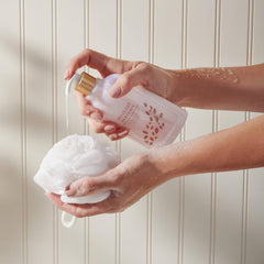 Closeup of Thymes body wash label highlighting Goldleaf Gardenia fragrance
