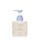 Thymes Nourishing Hand Wash bottle front in an elegant glass design for daily cleansing.
