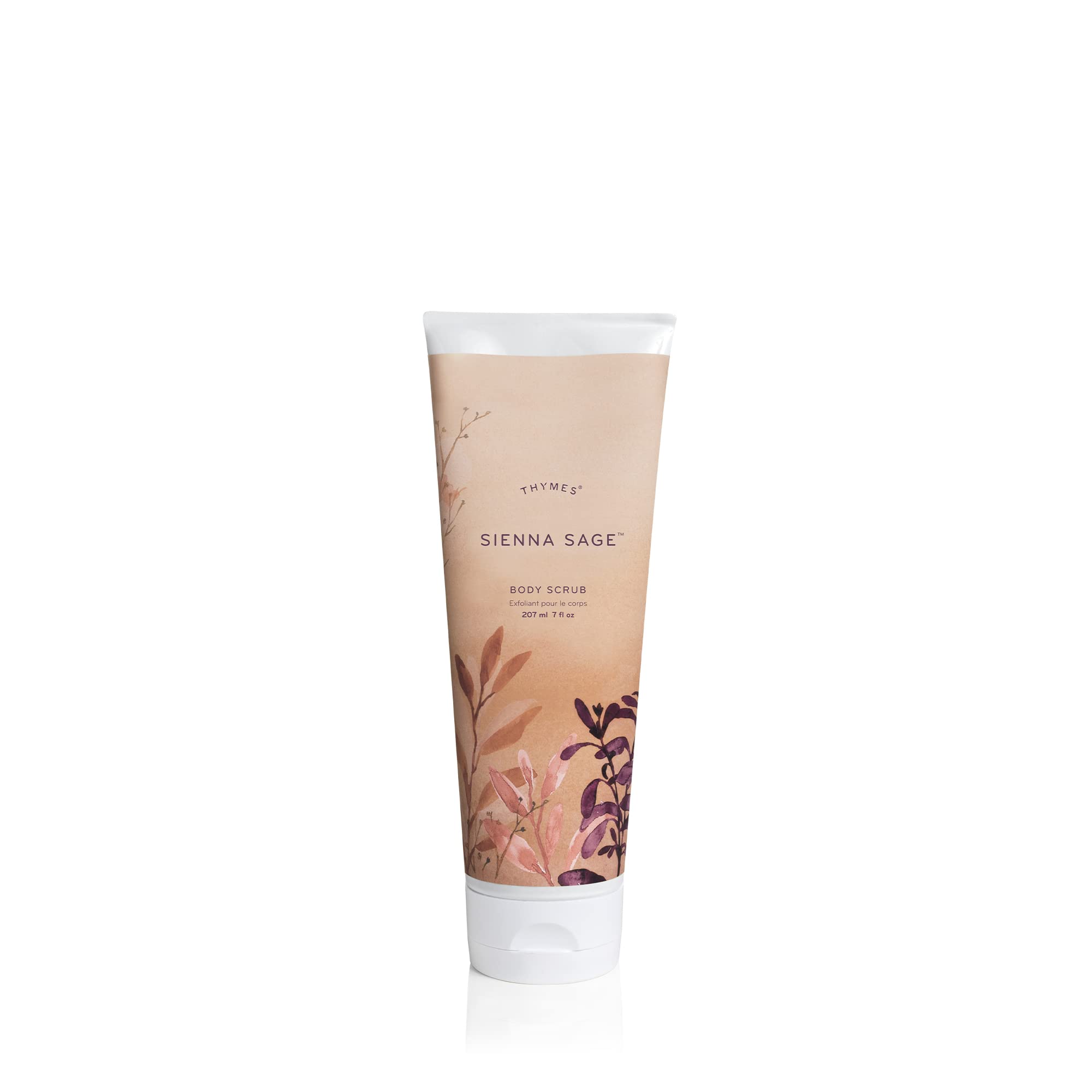 Thymes Sienna Sage Body Scrub bottle showcases moisturizing exfoliation.