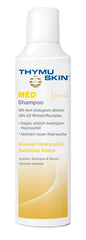 Thymuskin Med Shampoo bottle on sink promotes scalp hydration and prepares for styling.