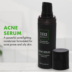 Tiege Hanley Acne Serum packaging on countertop, easy routine for clear-looking skin