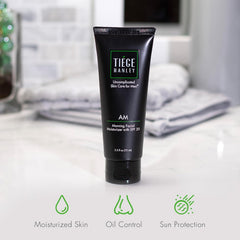 Tiege Hanley AM moisturizer being applied to face after cleansing.