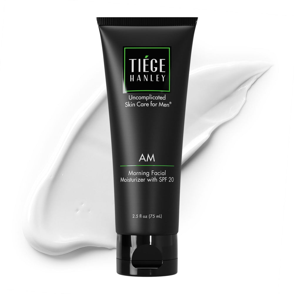 Tiege Hanley AM Moisturizer bottle front shows daily hydration and SPF protection