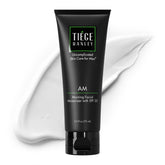 Tiege Hanley AM Moisturizer bottle front shows daily hydration and SPF protection