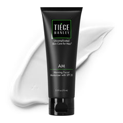 Tiege Hanley AM Moisturizer bottle front shows daily hydration and SPF protection