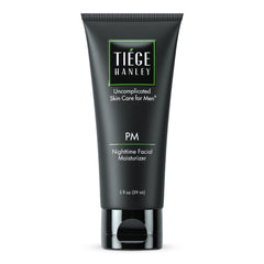 Tiege Hanley Nighttime Moisturizer bottle close-up showing overnight hydration for men.