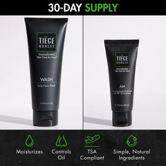 Tiege Hanley face wash bottle close-up, gentle cleanse for sensitive skin