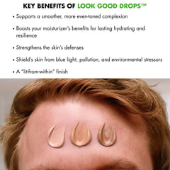Tiege Hanley Look Good Drops applied to clean skin for a natural tan finish.