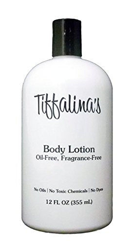 Tiffalina's Oil Free Body Lotion bottle close-up showing oil-free hydration for dry skin.