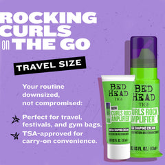 TIGI Bed Head Curls Rock Amplifier travel mini; application scene capturing frizz protection.