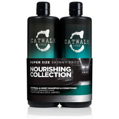 TIGI CATWALK Oatmeal & Honey shampoo bottle highlights nourishing cleansing for dry, damaged hair.