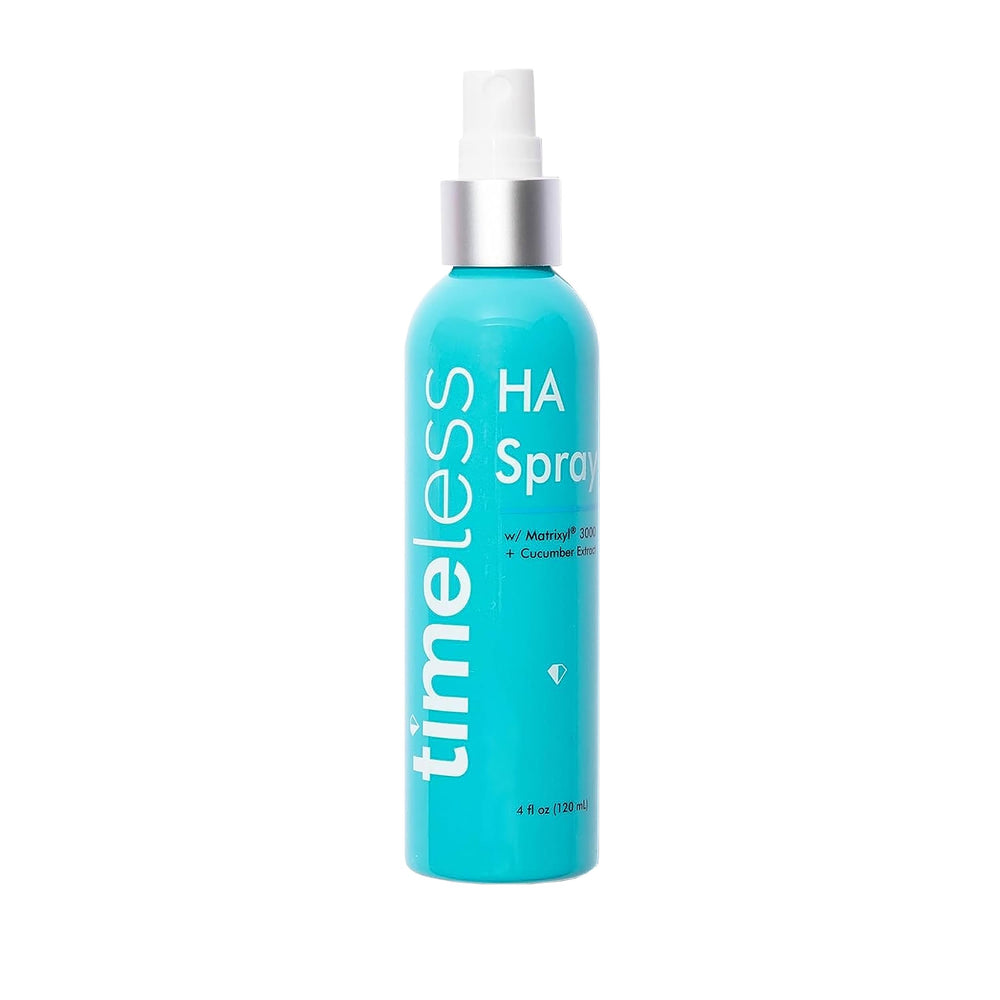 Timeless Skin Care HA Matrixyl 3000 cucumber spray bottle close-up, hydrating and smoothing skin