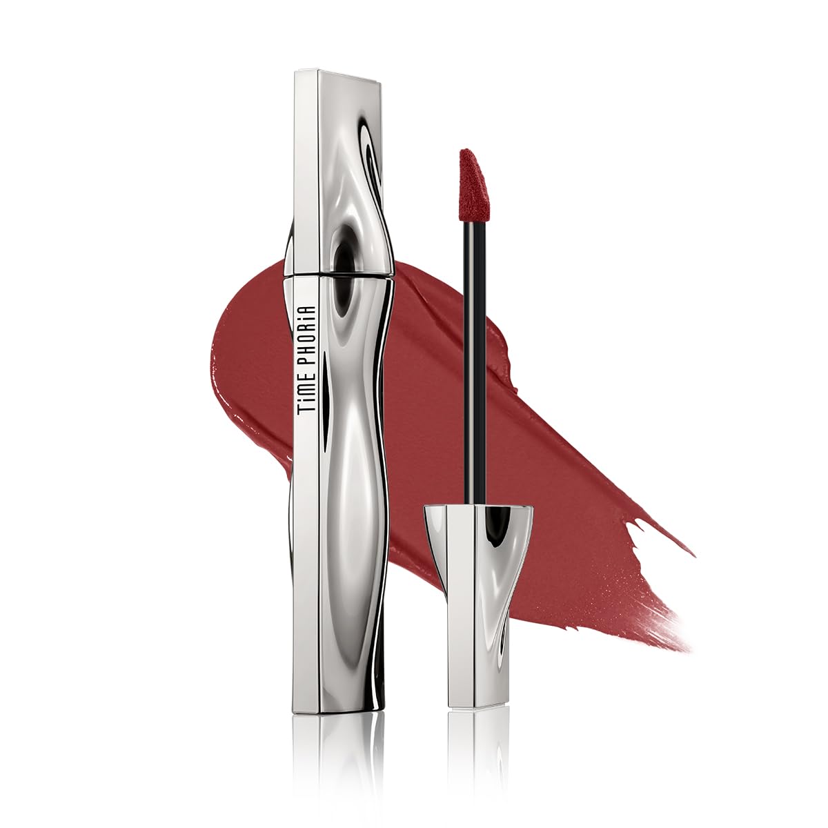 TIMEPHORIA Eternal Lip Matte 08 Avaris swatch showing bold pigment and peachy coral shade