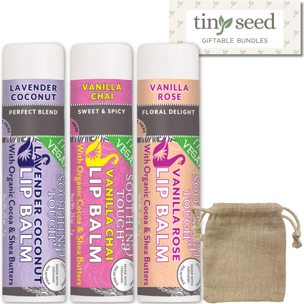 Tiny Seed vegan lip balm set Lavender Coconut tube in gift-ready packaging