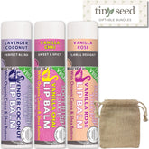 Tiny Seed vegan lip balm set Lavender Coconut tube in gift-ready packaging
