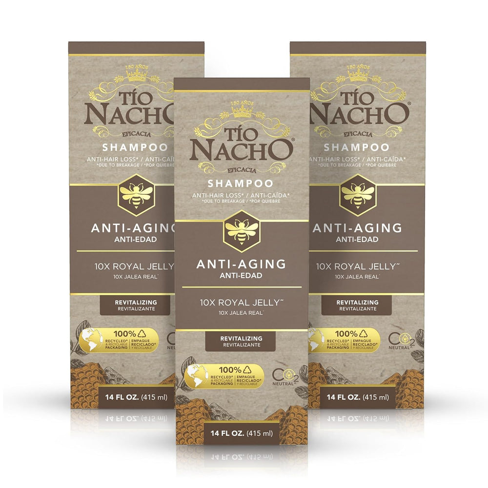 Tio Nacho anti-aging shampoo bottle featuring royal jelly promotes nourished aging hair.