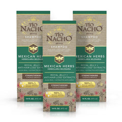 Tio Nacho anti-hair loss shampoo bottle pour supports daily scalp nourishment.