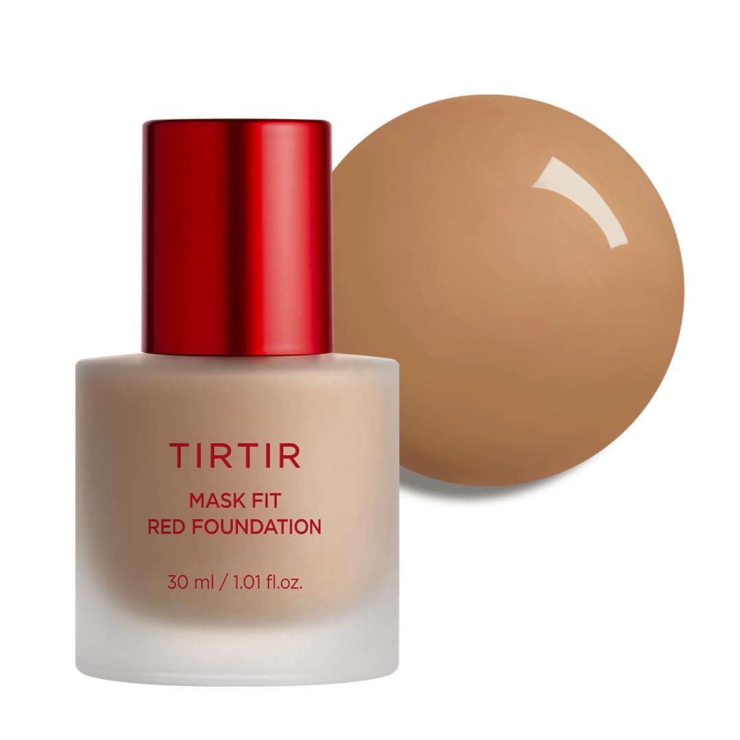 TIRTIR Mask Fit Red Foundation bottle closeup shows shade accuracy and satin finish