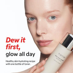 Closeup of TIRTIR Milk Skin Toner bottle highlighting soothing hydration
