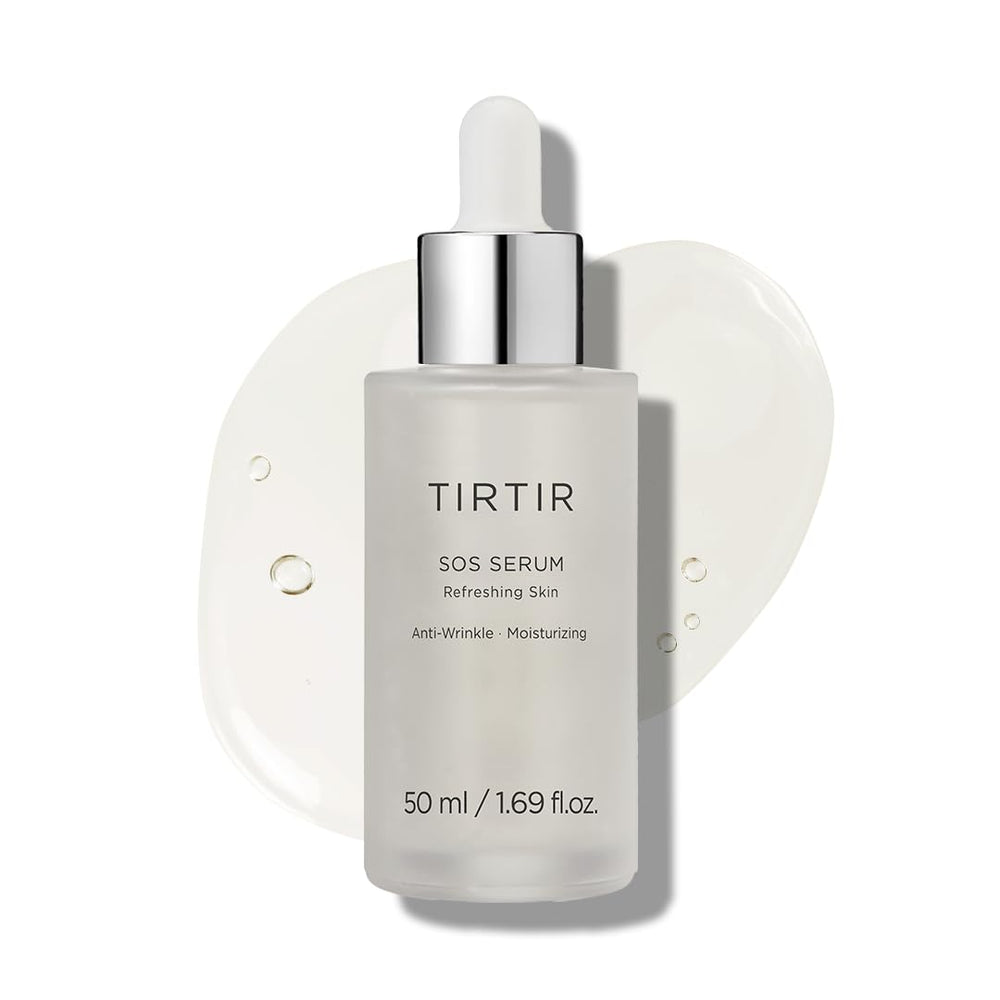 TIRTIR SOS Serum bottle close-up highlighting hydrating glow formula for all skin types.