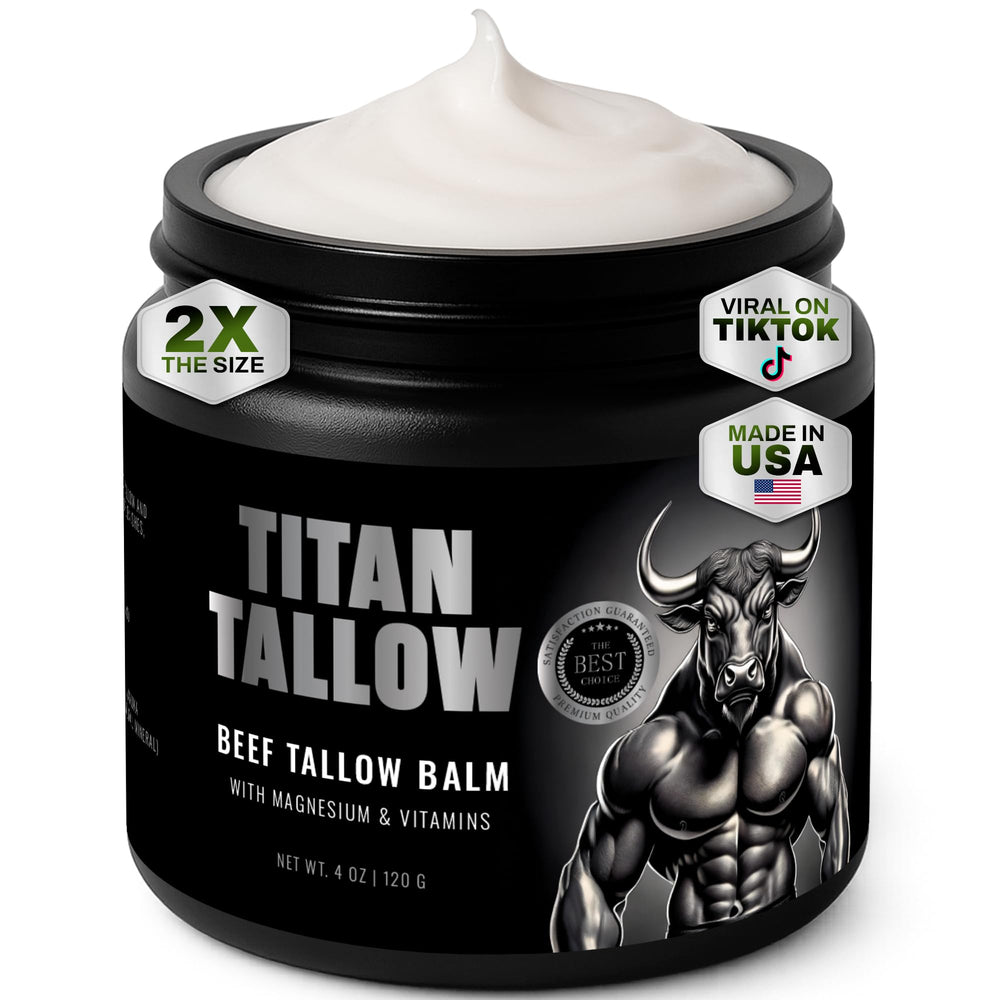 Titan Tallow balm jar close-up highlights fragrance-free skincare for daily moisturizing.